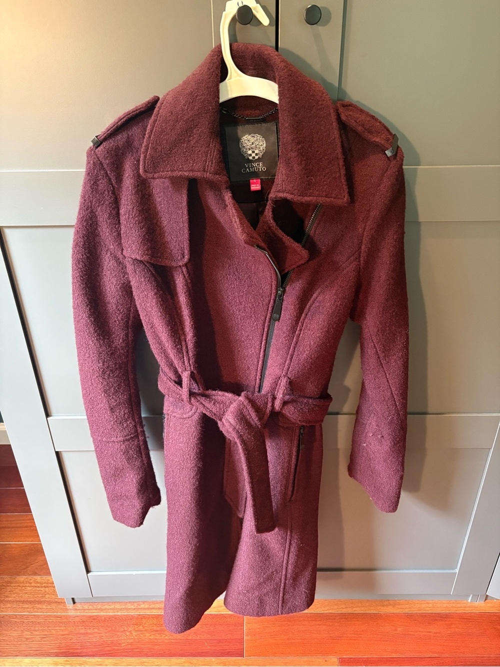 Vince Camuto Burgundy Belted Wool-Blend Trench Coat